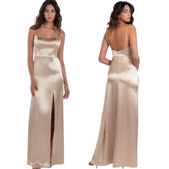 Jenny Yoo Dresses & Skirts - Jenny Yoo Chase Satin Formal Gown Fitted Leg Slit Champagne Gold Metallic 2